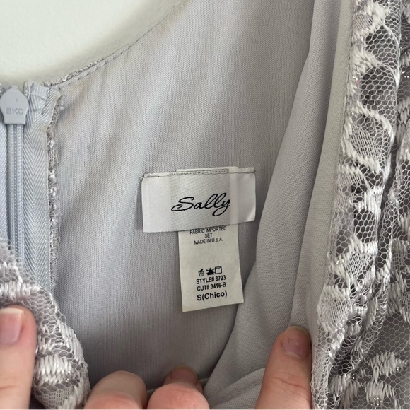 Silver Lace Chiffon Dress S Glam Formal Gown w/ Brooch Mother of the Bride Prom - Picture 13 of 16